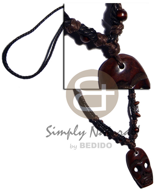 tribal carved  40mmx23mm wooden  pendant  coco Pokalet/wood beads accent in double wax cord / 23in. - Natural Earth Color Necklace