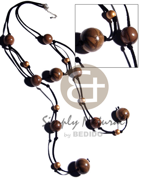 dangling 20mm / 25mm round mocca marbled wood beads in leather thong / 36 in - Natural Earth Color Necklace