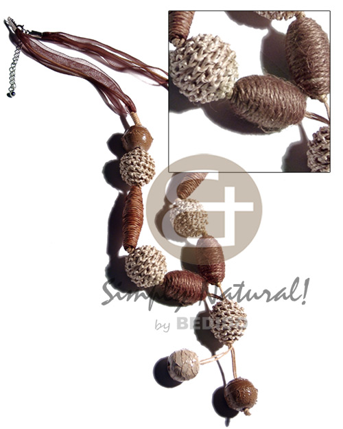 tassled asstd. rope wrapped wood beads & crumpled painted paper textured wood beads accent in wax cord and ribbon / 24 in. - Natural Earth Color Necklace