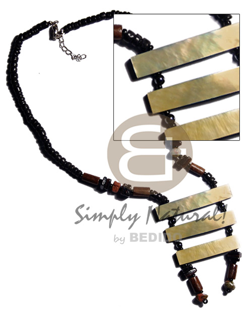 3 graduated MOP bars  resin backing - 50mmx10mm / 45mmx10mm/40mmx10mm  in black 4-5mm coco Pokalet  shell and wood beads accent - Natural Earth Color Necklace