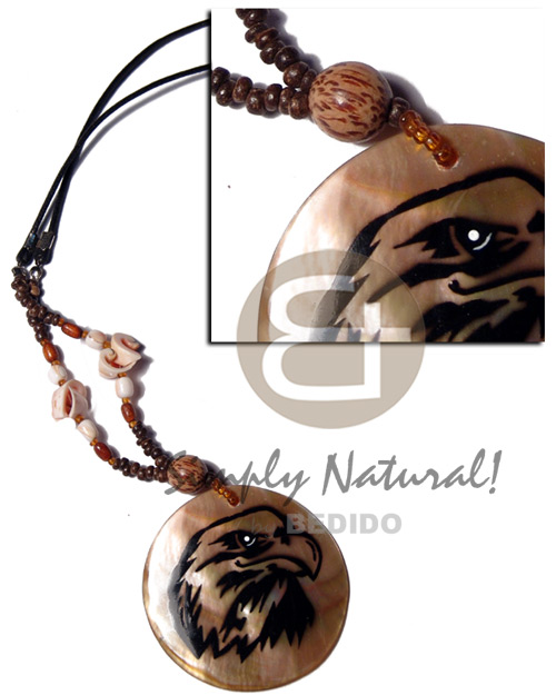 50mm brownlip pendant  handpainted eagle on wax cord  red luhuanus /wood beads accent - Natural Earth Color Necklace