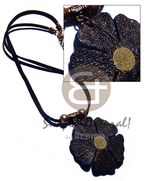 50mm flower black textured painted wood  metallic gold splashing in dark brown leather thong - Natural Earth Color Necklace