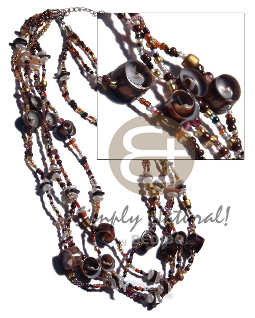 4 layers glass beads  black vertagus shells & hammershell sq. cut combination / 18 in. - Natural Earth Color Necklace