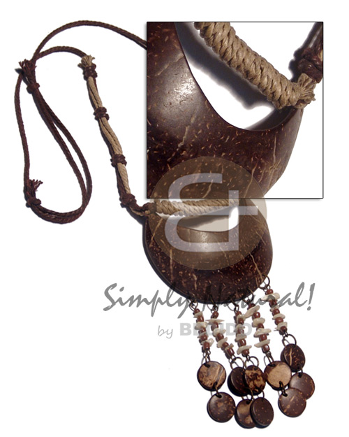 brown/beige wax knotted wax cord 80mmx70mm quarter moon coco nat. brown tassled pendant  dangling shell chips and 15mm  coco nat. brown circles / adjustable 24 in. - Natural Earth Color Necklace