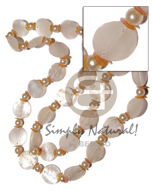27 pcs. single row 25mm nat. white round hammershells  pearl beads and orange sequins accent / 38in - Natural Earth Color Necklace