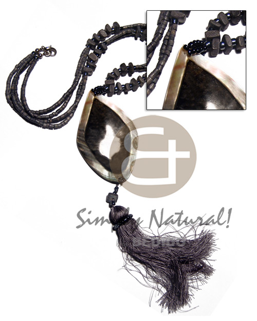 2 rows 2-3mm gray coco heishe  matching 8mm coco sq. cut/ metallic beads and 75mmx45mm blacklip  skin pendant  tassle threads / gray tones / 22in plus tassles - Natural Earth Color Necklace