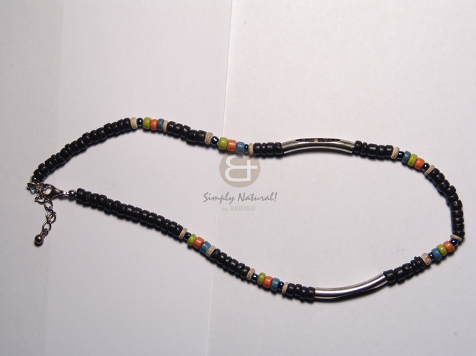 3 layers black glass beads/ rice beads  nuggets accent and oval pendant -  70mmx50mm marbled stone  nito weave accent /  26in. - Natural Earth Color Necklace
