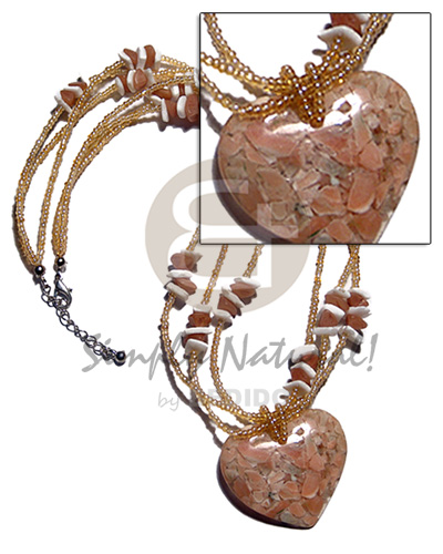 3 layers glass beads/white rose/buri seed nuggets combination  heart shape corals 35mmx40mm in clear resin / peach tones / 18in. - Natural Earth Color Necklace
