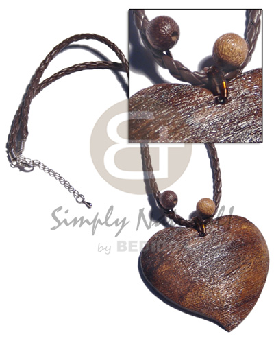 2 braided leather  textured 70mm robles wood heart / 20in - Natural Earth Color Necklace