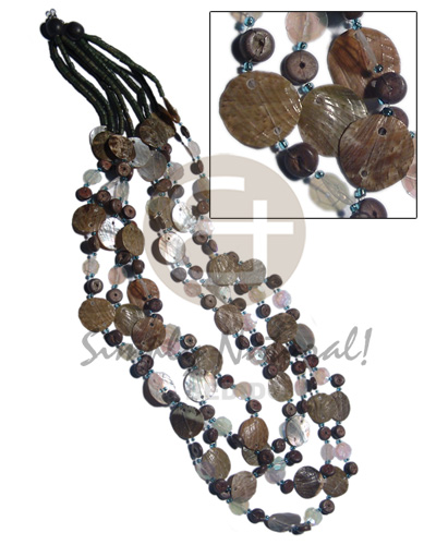 15mm woods beads,  glitter wraps and crochet, buri tiger nuggets,  crumple painted kukui nut combination in 2 rows wax cord / in gray,black, silver metallic tones / 34in - Natural Earth Color Necklace