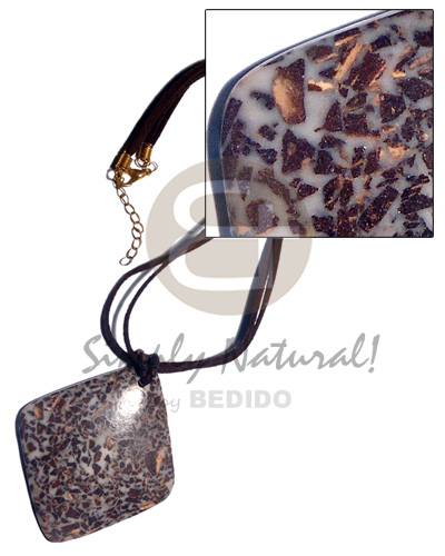 tassled 50mm donut coco chips in resin in 4 layers wax cord and 2 layers leather thong neckline / 23in - Natural Earth Color Necklace