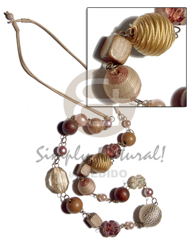 2 layers wax cord   asstd. wood beads, pearls, wrapped and crystal  accent in metal links / 34in - Natural Earth Color Necklace