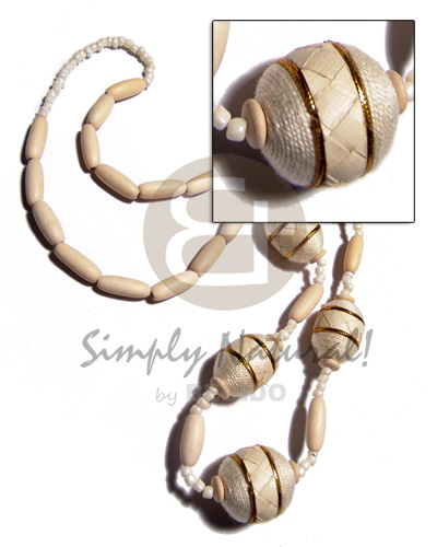 nat. white wood capsules  oval wood beads 25x18mm wraped in thread and banig combination / bleached white, crme and gold tones / 28in - Natural Earth Color Necklace