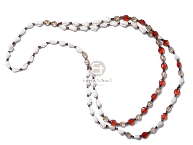 white nassa in graduated rows  acrylic crystals accent /  in white,amber and red tones / 25in/28in - Natural Earth Color Necklace