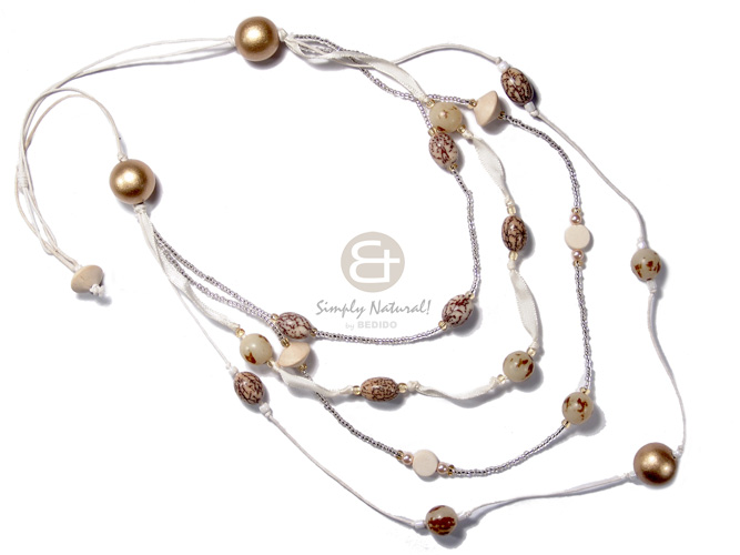 2 rows wax cord  4 graduated rows of ribbon, cord, glass beads  buri tiger accent and 18mm round wood beads in metallic gold / off white tones /  24in/27in/30in/34in - Natural Earth Color Necklace