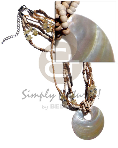 45mm round MOP shell pendant on 4 rows 2-3mm coco Pokalet bleach /tiger, cut beads and agsam bamboo combination - Natural Earth Color Necklace