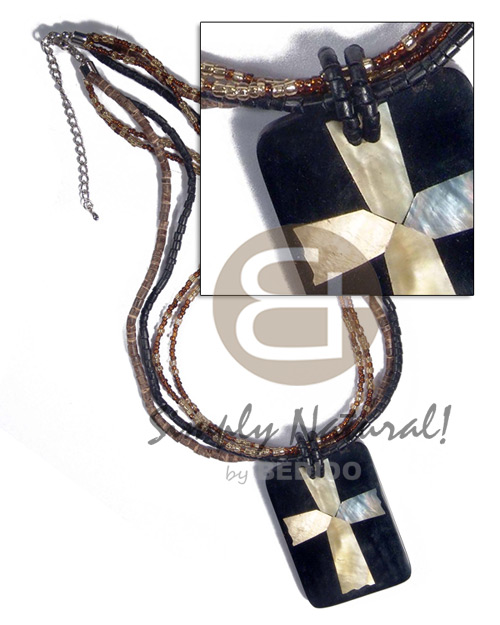4 rows - 2-3mm coco heishe black/brown and glass beads combination  58mmx42mm MOP cross laminated in rectangular clear and black resin /  7mm thickness / 18in - Natural Earth Color Necklace