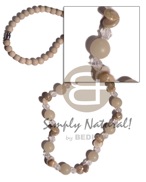 6mm bleached nat wood beads with 10mm buri bead, bonium shells and acrylic crystals combination / 22in / barrel lock - Natural Earth Color Necklace