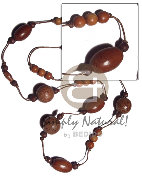 4 pcs. oval bayong 15mmx25mm / 3pcs 20mm palmwood beads in knotted brown wax cord / 38in adjustable - Natural Earth Color Necklace