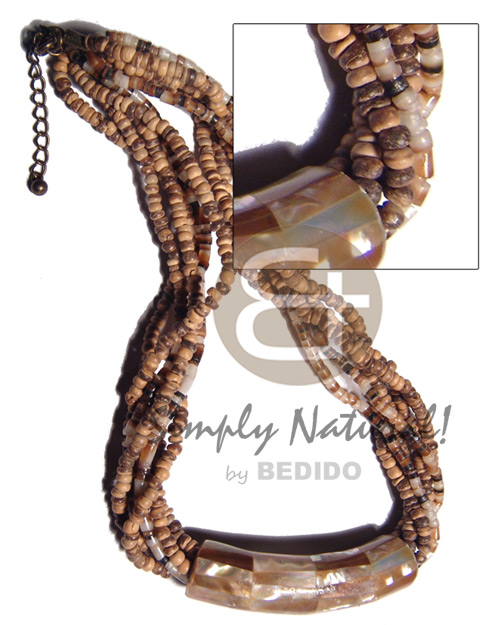 4 rows 2-3mm coco Pokalet tiger  / 2 rows  blacklip heishe combination laminated brownlip in 65mmx15mm tube metal casing / 14in  ext. chain - Natural Earth Color Necklace