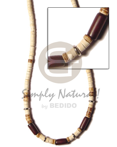 4-5 coco heishe bleach  maroon buri seed/ flat silver beads/ 4-5mm coco tiger alt - Natural Earth Color Necklace