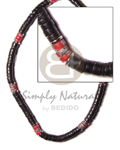 7-8mm coco black heishe   red splashing and silver metal coco pokalet/elastic - Natural Earth Color Necklace