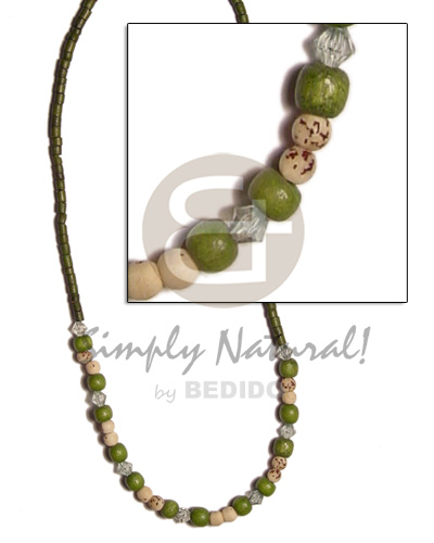 2-3 coco heishe moss green  matching wood bead and  buri tiger beads/acrylic crytals - Natural Earth Color Necklace