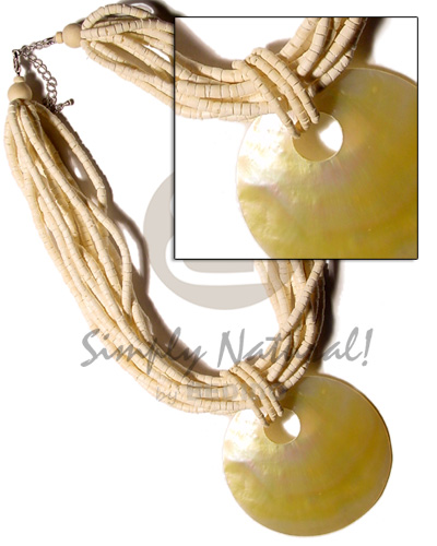 10 rows 4-5 coco heishe bleach w 75mm round MOP pendant - Natural Earth Color Necklace
