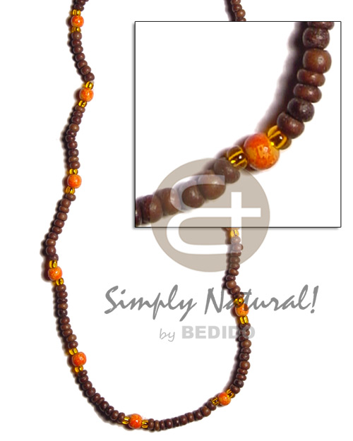 2-3mm nat. brown coco pokalet  orange wood beads marble splashing - Natural Earth Color Necklace