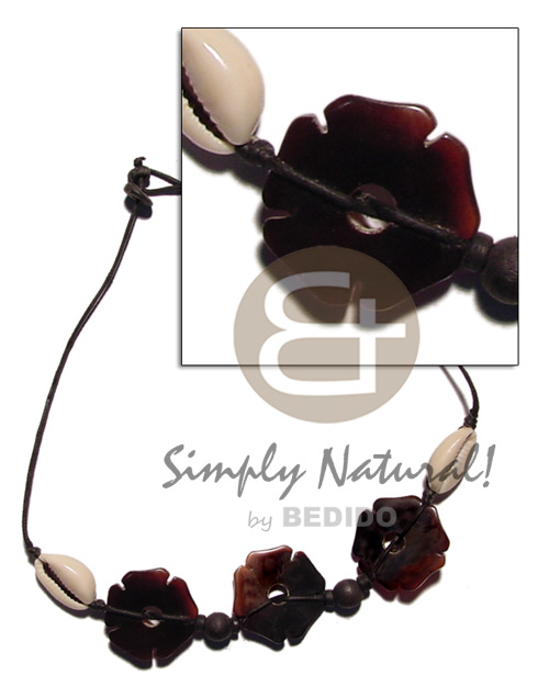 3 25mm flower black tab  sigay on wax cord - Natural Earth Color Necklace