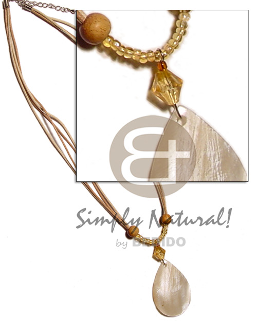teardrop hammershell pendant 40mm  glass beads, wood beads & 4 layer wax cord - Natural Earth Color Necklace
