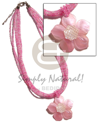 6 rows pink  multi layered glass beads  pink 45mm flower hammershell pendant  grooved nectar - Necklace with Pendant