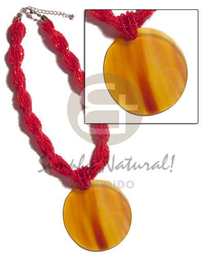 12 rows red twisted glass beads  60mm amber horn pendant - Necklace with Pendant