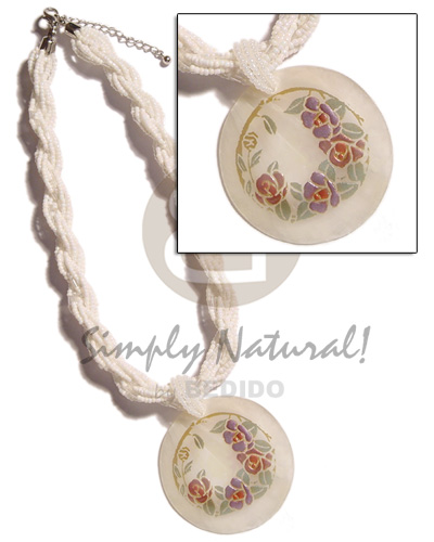 12 rows white twisted glass beads  60mm handpainted/embossed capiz pendant - Necklace with Pendant