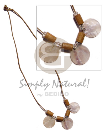 3 pc. 15mm round hammershell wood beads in wax cord - Necklace with Pendant