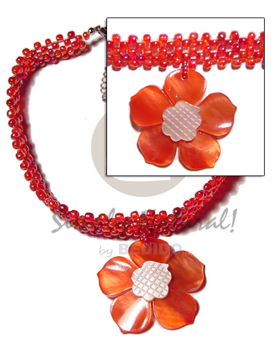 red glass beads flat choker  matching red hammershell flower  groove - Necklace with Pendant