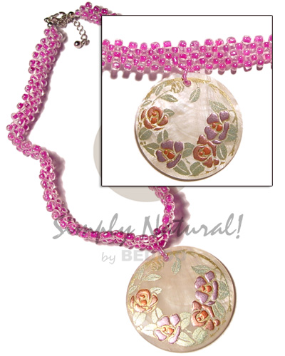 clear & pink glass beads flat choker  matching 40mm round handpainted hammershell pendant - Necklace with Pendant
