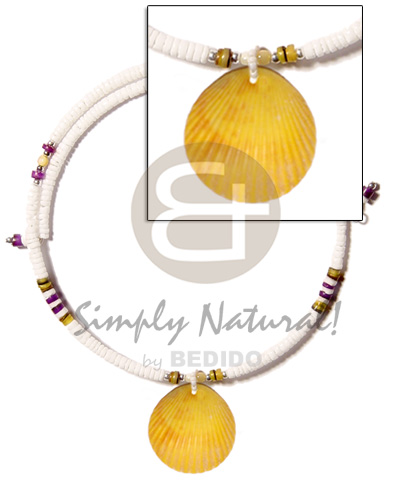 white clam 3-4mm  wire choker  hammershell heishe  accent  40mm yellow limpit shell pendant - Necklace with Pendant