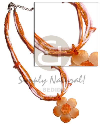 4 layer white and orange glass beads  troca beads accent and 45mm graduated orange 45mm hammershell flower groove  pendant - Necklace with Pendant