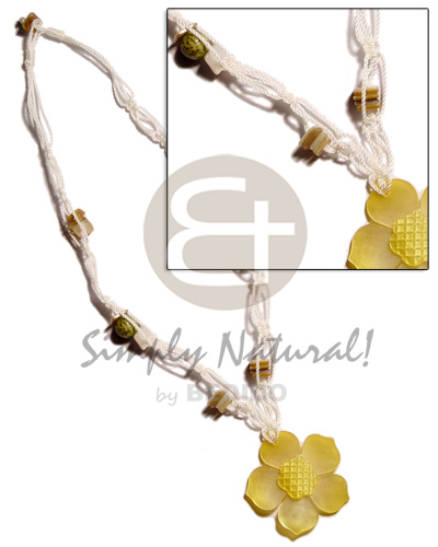 white macrame  buri & shells  accent and 45mm graduated yellow hammershell flower  groove pendant - Necklace with Pendant