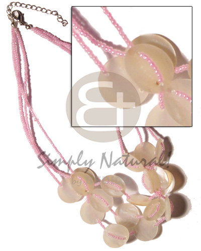 3 rows pink glass beads Necklace with Pendant