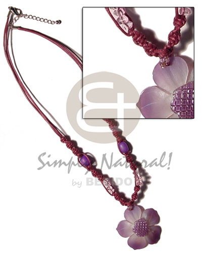 2 layer knotted subdued maroon cord  buri & crstals accent and 45mm  graduated  hammershell  grooved nectar pendant - Necklace with Pendant