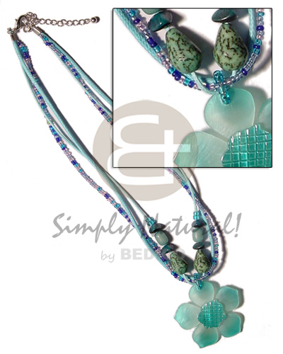 3 layers glass beads & cord  buri seeds accent & graduated aqua blue 45mm hammershell flower  grooved nectar pendant - Necklace with Pendant