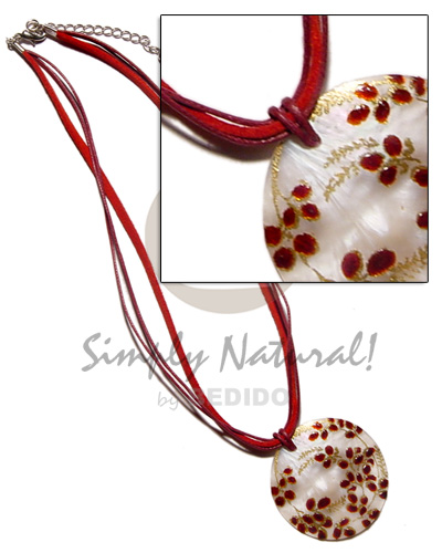 embossed handpainted 40mm hammershell in 3 layer red wax cord & leather - Necklace with Pendant