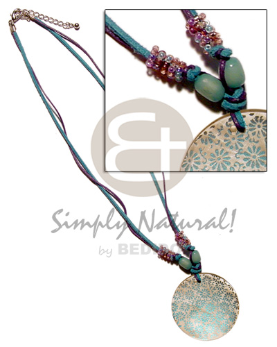 40mm round handpainted hammershell in leather & wax cord  buri and glass beads accent - Necklace with Pendant