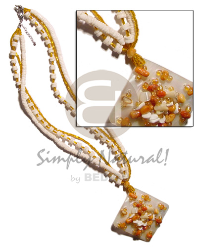 3 layer 4-5 mm white clam heishe & glass beads combination  40mm square hammershell  red corals accent - Necklace with Pendant