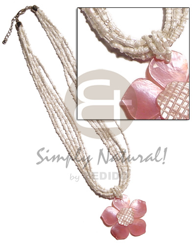 6 layers white glass beads  pink hammershell flower  groove pendant - Necklace with Pendant