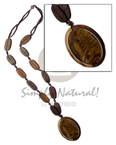 50mm oval blacklip inlaid in wood in glass beads & flat wood combination - Necklace with Pendant