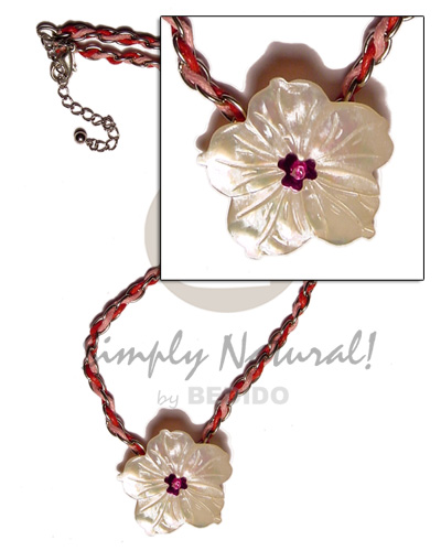 double wax cord looped in metal chain  40mm hammershell flower pendant - Necklace with Pendant