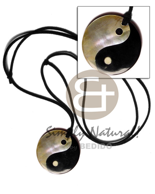 40mm round yin yang  blacktab & MOP pendant  resin backing on adjustable leather thong - Necklace with Pendant